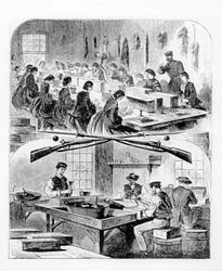 Patruunoiden täyttö arsenaalissa Watertownissa, Massachusettsissa, 1860-luku