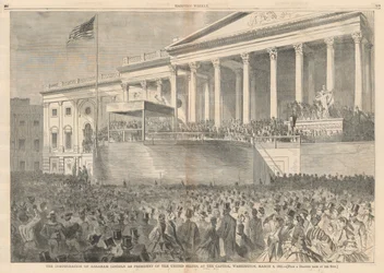 Abraham Lincolnin virkaanastuminen Yhdysvaltain presidentiksi Washingtonin Capitolissa 4. maaliskuuta 1861; Harperilta