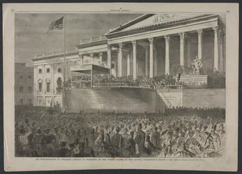 Abraham Lincolnin virkaanastujaiset Yhdysvaltain presidentiksi Capitolissa Washingtonissa 4. maaliskuuta 1861.