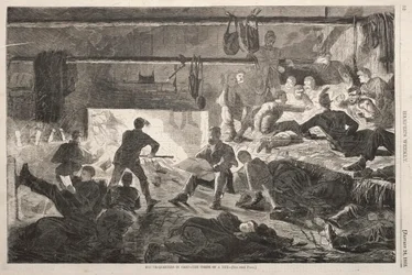 Winter Quarters in Camp - The Inside of a Hut, 1863.