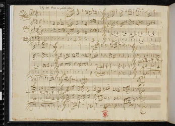 5 Kontretänze KV 609, n:o 5 omakätinen teksti, Zweig MS 59, f.3v (tussi ja muste paperilla).