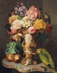 Asetelma, jossa on maljakko erilaisia kukkia, persikoita ja papukaija marmorireunuksella, 1843