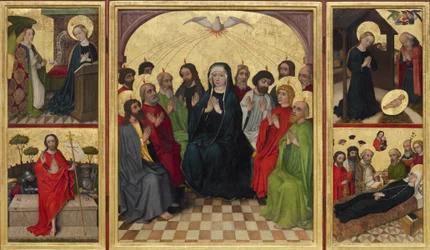 Pyhän Hengen retable auki. Helluntai, ilmestys, syntymä, Kristuksen ylösnousemus ja Neitsyen kuolema, n. 1448