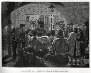 Kellari a Polichinelles, nukketeatteriin suunniteltu kellari. X.Melleryn kaiverrus Belgian tarinan havainnollistamiseksi, Camille Lemonnier, julkaistu Tour du mondessa, toimittanut Edouard Charton (1807-1890)