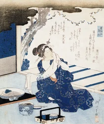 Kurtesaani yllään yukata (sininen ja valkoinen puuvillakimono), seinäpaneeli on koristeltu runolla
