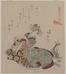 Kurtisaani lukemassa ruukkuluumupuun vieressä..., 1820-luvun alku.