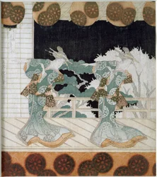 Tanssijat perinteisissä puvuissa näyttämöllä Yashima Gakutein (1786-1868) japanilainen print "Surimono" 1822 Yksityinen kokoelma