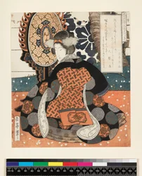 Hisakataya Goban Tsuzuki, viiden paneelin kuva Hisakataya Groupille, n. 1827 (Surimono - puukiviprintti)