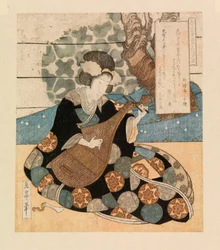 Nainen soittamassa instrumenttia, n. 1804-40 (värillinen puupiirros)