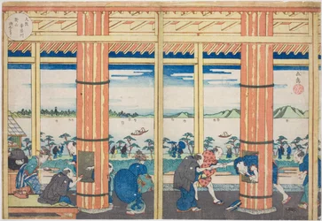 Sadesuoja Nii Hillillä Aji-joen varrella Osakassa (Osaka Ajigawa Niiyama amayadori), sarjasta "Osakan kuuluisia paikkoja: kauniita näkymiä Tenpo-vuorelle (Naniwa meisho Tenpozan shokei ichiran)"