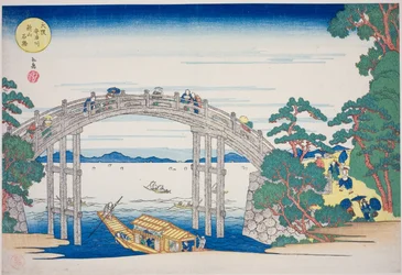 Kivisilta Aji-joen yli lähellä Nii Hilliä Osakassa (Osaka Ajigawa Niiyama ishibashi), sarjasta "Osakan kuuluisia paikkoja: kauniit näkymät Tenpo-vuorelle (Naniwa meisho Tenpozan shokei ichiran)"