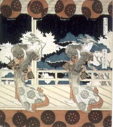 Kaksi tanssijaa esiintyy lavalla, The Dance at Furuichi Hisakataya Group -sarjasta, n. 1822 (muste)