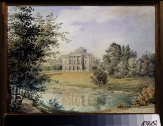 Näkymä Pavlovskin palatsista (Pietari). (Näkymä Pavlovskin palatsille). Arkkitehti Charles Cameronin rakentama vuosina 1782–1786. Jegor Jegorovich Meierin (1822-1867) teos, akvarelli paperille