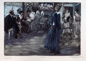 Muotipaja (Fashion workshop). Esittelytila ​​couture-malleille, naiset kulkueet pariskunnan edessä yksityisessä huoneessa. Teos: Jelisaveta (Elisabeth) Sergeevna Kruglikova (Elizaveta Sergeevna Krouglikova) (1865-1941), monotypia