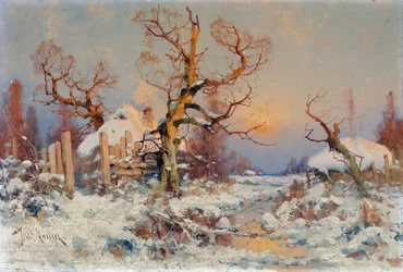Talvimaisema ilta-auringossa. Juli Julievich (Julius) von Kleverin (1850-1924) maalaus, öljy kankaalle, 1800-luvun loppu - 1900-luvun alku. Venäläinen taide, realismi. Yksityinen kokoelma.