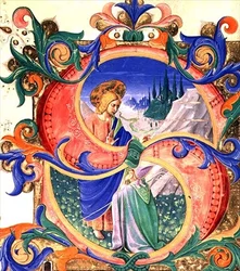 Missal 515 f.118r Historioitu alkukirjain "S", joka kuvaa Kristusta siunaamassa polvistuvaa piispaa, Filippo di Matteo Torellin (1409-68) valaiseman rajan ennen vuotta 1449 tehdystä kuorokirjasta (vellum)