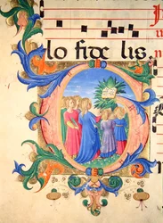 Missal 515 f.144v Historioitu alkukirjain "G", joka kuvaa uskollisia saapumassa paratiisiin (vellum)