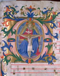 Ms 523 f.166r Historioitu alkukirjain "O" kolminaisuuden kanssa, messaalista, n. 1446-60 (vellum)