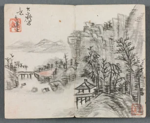 Pienoisalbumi hahmoilla ja maisema Cliff Landscape with Bridge, 1822.