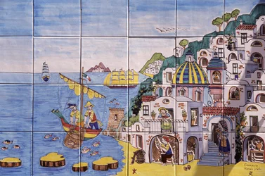 Keramiikkamaalatut laatat, Positano, Amalfin rannikko, Campania, Italia
