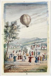 "Montgolfierin ensimmäinen taivaaseenastuminen Annonayssa", Ranska, 5. kesäkuuta 1783