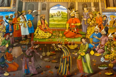 Fresko; juhlat tanssityttöjen kanssa; Shah Tahmasp vastaanottaa Intian Mughal-keisari Homayunin; 1544; Chehel Sotoun; Neljänkymmenen pilarin palatsi; Isfahan; Iran; Aasia