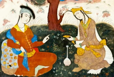 Fresko; kaksi rakastavaista; persialainen miniatyyri; Chehel Sotoun; Neljänkymmenen pilarin palatsi; Isfahan; Iran; Aasia