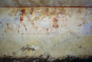 Hautajaiskulkue tanssijoiden ja muusikoiden kanssa, fresko, Sinisten demonien hauta, Tarquinian nekropolis (UNESCOn maailmanperintöluettelo, 2004), Lazio, Italia Etruskien sivilisaatio, 5. vuosisata eKr.
