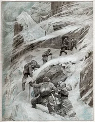 Italialaiset turistit juuttuneet myrskyyn Italian Alpeilla. 1925 (kuva)
