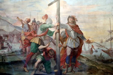Kristoffer Kolumbuksen laskeutuminen. Tuore. Palazzo Fieschi-Crosa Di Vergagni. Genova. Italia.