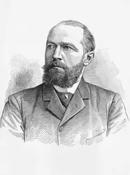 Muotokuva Emil von Behringistä (1854-1917), saksalainen fysiologi ja bakteriologi, Nobelin kemianpalkinto vuonna 1901, kaiverrus