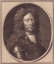 Englannin sotilaan Thomas Tollemachen (noin 1651-1694) muotokuva, John Goldarin (1729-1795) kuparikaiverrus G Knellerin maalauksesta