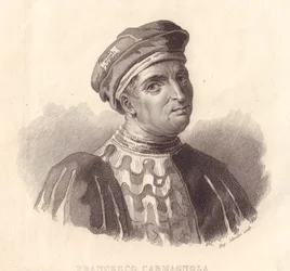 Carmagnolana tunnetun italialaisen sotapäällikön Francesco da Bussonen (1380-1432) muotokuva, E. Silvestrin kuparikaiverrus maalauksen mukaan