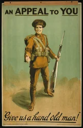 Rekrytointijuliste "Veotus sinulle", Anna meille käsi vanha mies! 1915 (väri litho)
