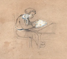 Koulupoika töissä pöydällään. noin 1830 (kuva)