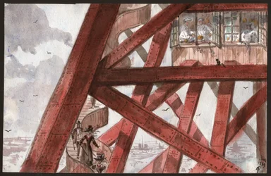 Turistit Eiffel-tornin portailla Pariisissa. Ensimmäisen kerroksen ravintolassa kokit. 1889 (kuva)