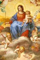 Neitsyt Maria ja lapsi. Tuore. Palazzo Fieschi-Crosa Di Vergagni. Genova. Italia.