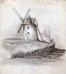 Tuulimylly Normandiassa, Ranskassa. noin 1830 (kuva)