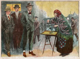 Nainen harjoittamassa ennustamista lintujen avulla. 1926 (Kuvitus)