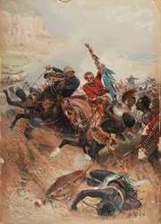 Luutnantit Melville ja Coghill pelastamassa sotaväriä, zulusota 1879, 1881 (kromoliittikuvaus)