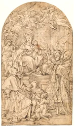 Valtaistuimella istuva Madonna ja lapsi, sivuillaan enkeleitä sekä pyhät Carlo Borromeo ja Ignatius Loyola
