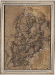Pyhä perhe vauvan Johannes Kastajan kanssa. Giulio Romanon Madonna della Gattan jälkeen
