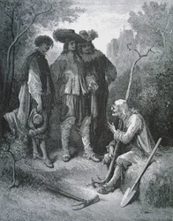 Kuvitus elokuvalle Vanha mies ja kolme nuorta miestä Jean de La Fontainen (1621-95) taruista
