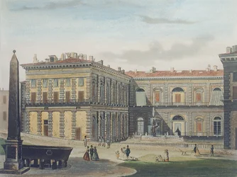 Palazzo Pittin sisäpiha Firenzessä, kaiverrus Johann Falkeisen (1804-83) ja värittänyt L. Cherbuin, n. 1842 (akvatinta)