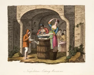 Neapolilaiset syömässä makaronia, Italian maisemista, joka edustaa Italian eri valtioiden tapoja, tottumuksia ja huvituksia, pub. 1806 (käsin väritetty kaiverrus).