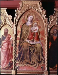 Gerard Cossassi degli Assin alttaritaulu, yksityiskohta keskipaneelista, joka kuvaa Madonnaa ja lasta istumassa (öljy paneelissa)