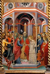 Neitsyten häät, yksityiskohta alttaritaulusta, joka esittää Bartolo di Fredin (1330-1410) Neitsyttarinat