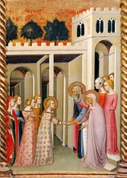 Neitsyt Maria Pyhän Joakimin ja Pyhän Annan kanssa, yksityiskohta alttaritaulusta, joka esittää Bartolo di Fredin (1330-1410) Neitsyttarinat