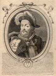 Muotokuva Francois I:stä (1494 - 1547), Ranskan kuningas - Francis I, Ranskan kuningas - kaiverrus teoksesta "Les Augustes Representations de tous les Kings de France from Pharamond to LouisXIV", Pariisi