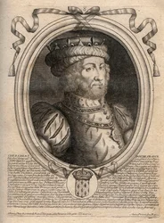 Caribertin, frankkien kuninkaan (561-567) muotokuva - Caribert tai Charibert (k.567) frankkien kuningas - kaiverrus teoksesta "Les Augustes Representations de tous les Kings de France from Pharamond to LouisXIV", Pariisi